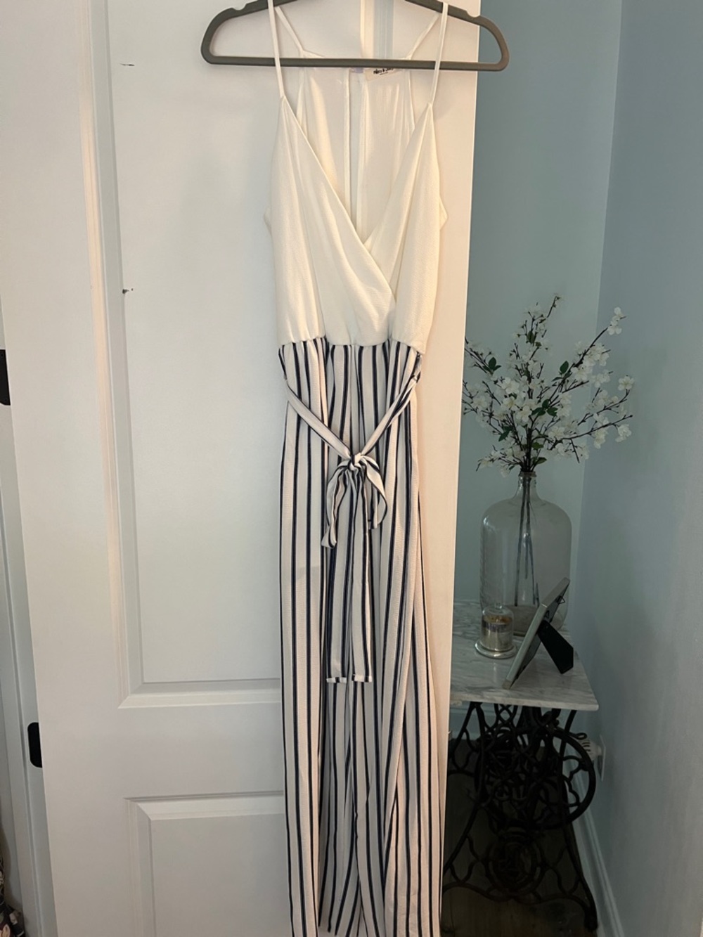 Striped Tie-Waist Jumpsuit in Ivory and Navy